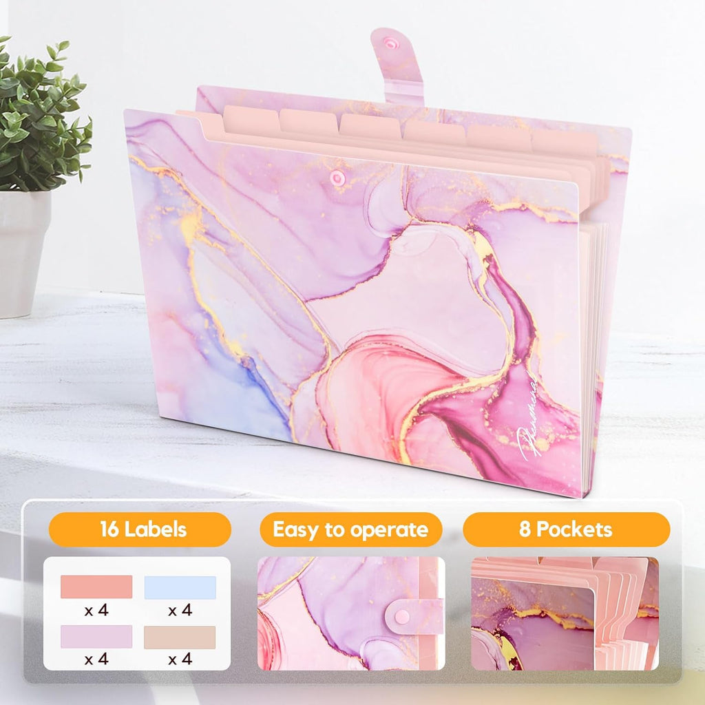 Expanding File Folder - for Important Documents, Home &amp; Office Bills Pink Gold Marble