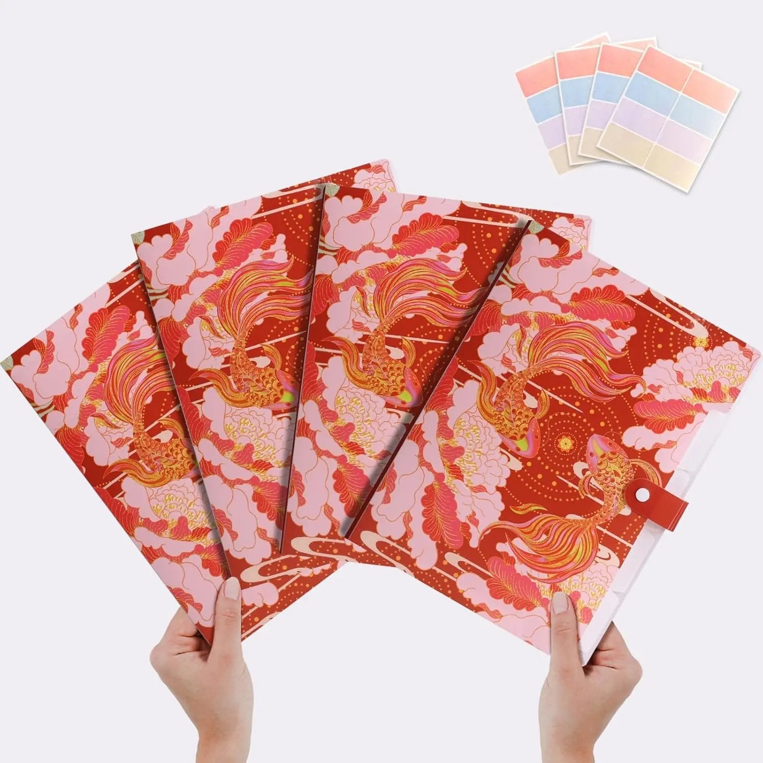 Cute File Folders, Expanding File Folders with 32 Labels, Lucky Koi Red Style Set of 4