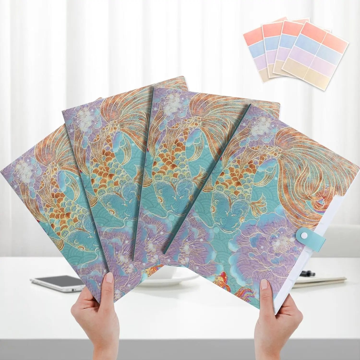 Cute File Folders, Expanding File Folders with 32 Labels, Lucky Koi Blue Style Set of 4